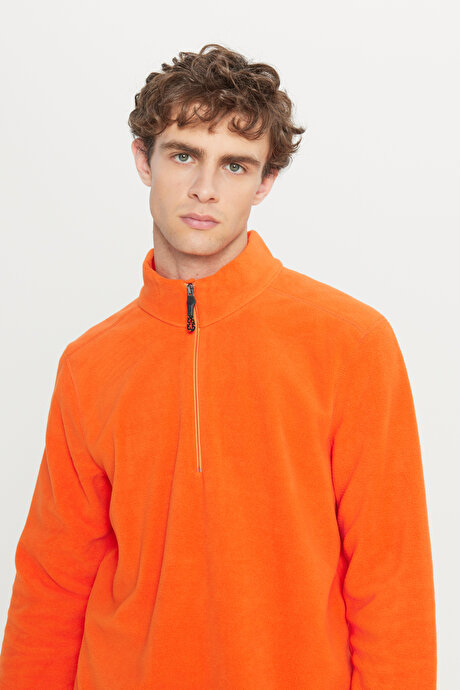 Anti-Pilling Tüylenme Yapmayan Standart Fit Bato Yaka Soğuk Geçirmez Sweatshirt Turuncu Polar resmi