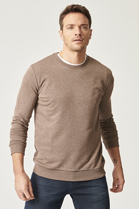 Standart Fit Normal Kesim Bisiklet Yaka Kahverengi Sweatshirt resmi