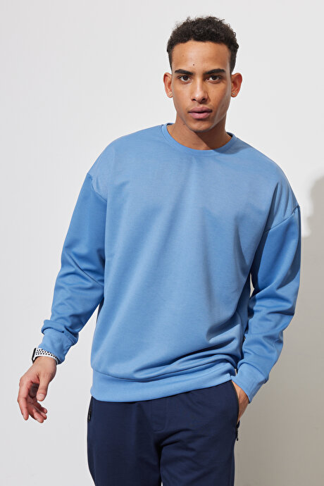 Oversize Fit Bol Kesim Bisiklet Yaka Düz İndigo Sweatshirt resmi