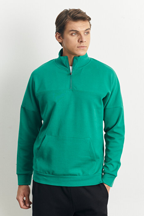 Standart Fit Normal Kesim Dik Yaka Koyu Yeşil Sweatshirt resmi