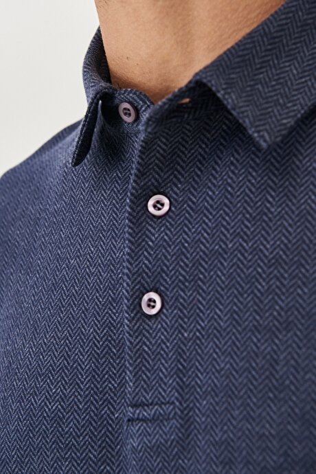 Standart Fit Normal Kesim %100 Pamuk Polo Yaka Lacivert Sweatshirt resmi
