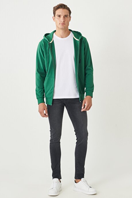 Standart Fit Normal Kesim Tam Fermuarlı Kapüşonlu Koyu Yeşil Sweatshirt resmi