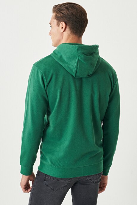 Standart Fit Normal Kesim Tam Fermuarlı Kapüşonlu Koyu Yeşil Sweatshirt resmi