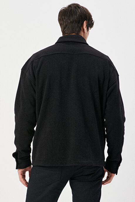 Oversize Fit Geniş Kesim Klasik Yaka Tüylenme Yapmayan Kışlık Rahat Siyah Polar Gömlek resmi