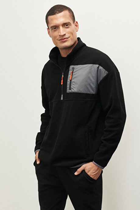 Oversize Bol Kesim Bato Yaka Cep Detaylı Fermuarlı Soğuk Geçirmez Sweatshirt Siyah Polar resmi