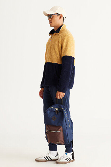 Standart Fit Normal Kesim Bato Yaka Kanguru Cepli Çift Renkli Sherpa Sweatshirt Hardal-Lacivert Polar resmi