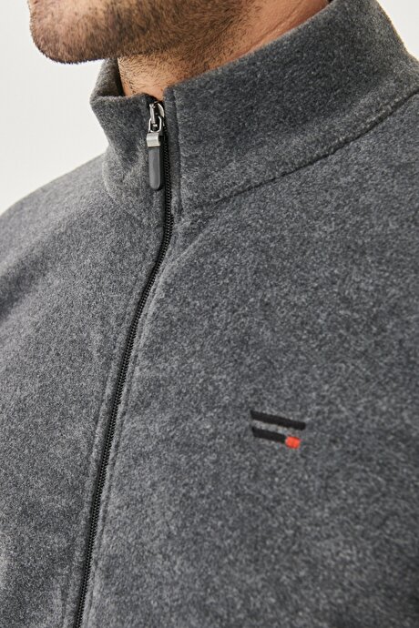 Standart Fit Bato Yaka Fermuarlı Cepli Sıcak Tutan Sweatshirt Ceket Açık Melanj-Siyah Polar resmi