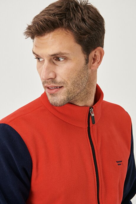 Standart Fit Bato Yaka Fermuarlı Cepli Sıcak Tutan Sweatshirt Ceket Kırmızı-Lacivert Polar resmi