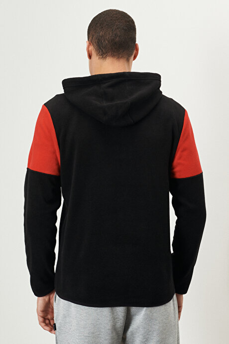 Standart Fit Normal Kesim Kapüşonlu Cepli Yumuşak Dokulu Spor Swatshirt Kırmızı-Siyah Polar resmi