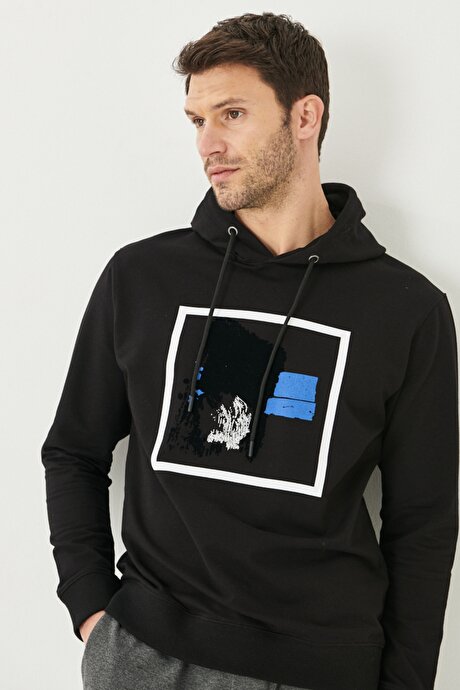 Standart Fit Normal Kesim Kapüşonlu Baskılı Siyah Sweatshirt resmi