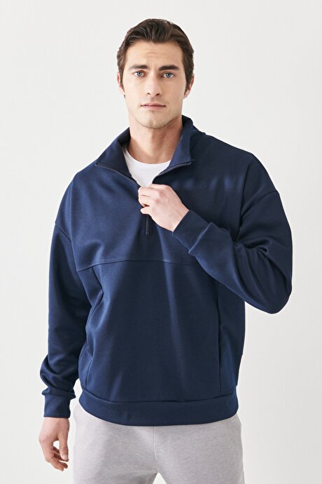Oversize Fit Bol Kesim Dik Yaka Düz Lacivert Sweatshirt resmi