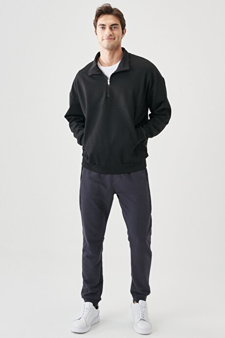Oversize Fit Geniş Kesim Fermuarlı Bato Yaka Rahat Siyah Sweatshirt resmi