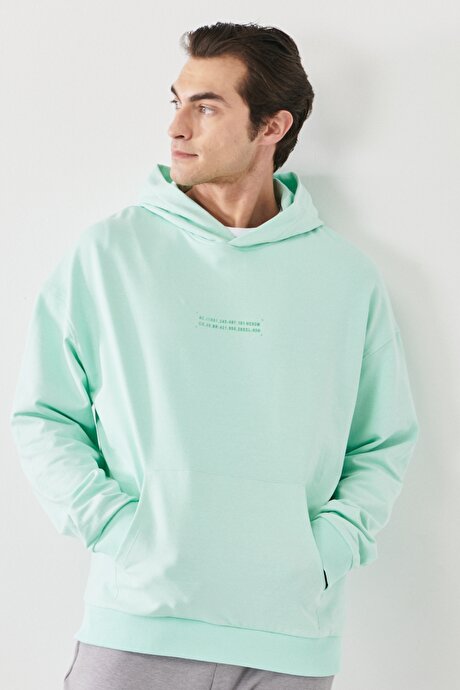 Oversize Fit Geniş Kesim Kapüşonlu Baskılı Mint Sweatshirt resmi