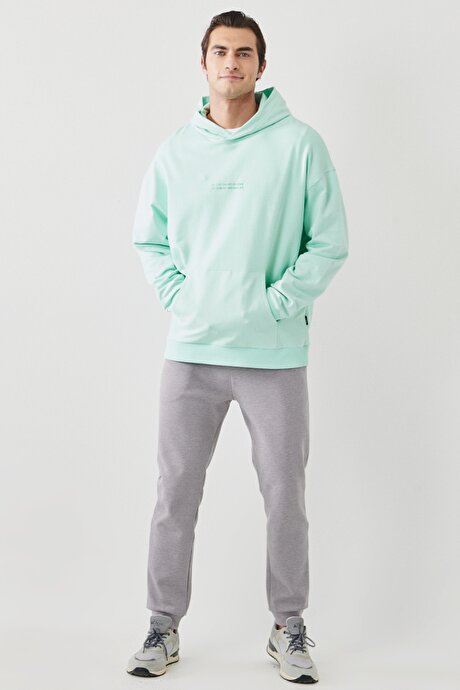 Oversize Fit Geniş Kesim Kapüşonlu Yaka Baskılı Mint Sweatshirt resmi