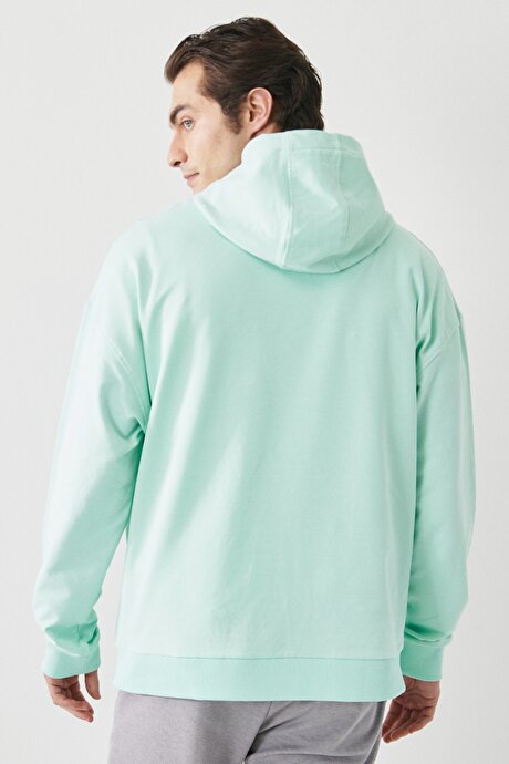 Oversize Fit Geniş Kesim Kapüşonlu Yaka Baskılı Mint Sweatshirt resmi