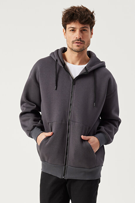 Oversize Bol Kesim Kapüşonlu Cepli Rahat Ceket Antrasit Sweatshirt resmi