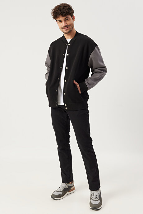 Oversize Fit Geniş Kesim Kolej Yaka İçi Şardonlu Pamuklu Ceket Siyah-Antrasit Sweatshirt resmi