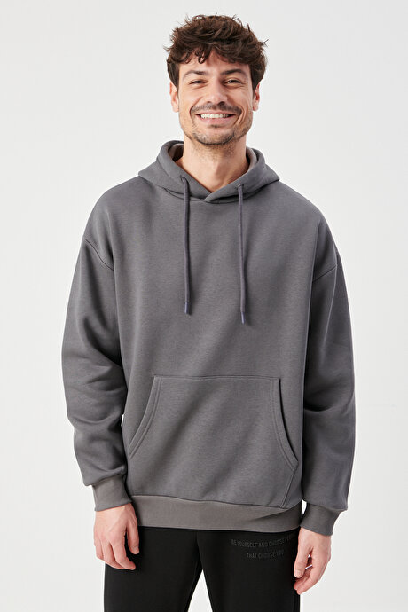 Oversize Fit Geniş Kesim Kapüşonlu İçi Şardonlu Antrasit Sweatshirt resmi