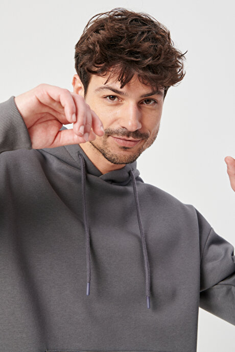 Oversize Fit Geniş Kesim Kapüşonlu İçi Şardonlu Antrasit Sweatshirt resmi