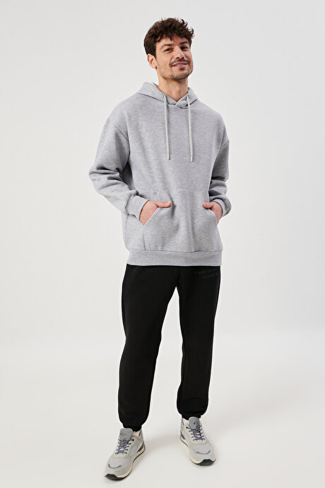 Oversize Fit Geniş Kesim Kapüşonlu İçi Şardonlu Gri Melanj Sweatshirt resmi