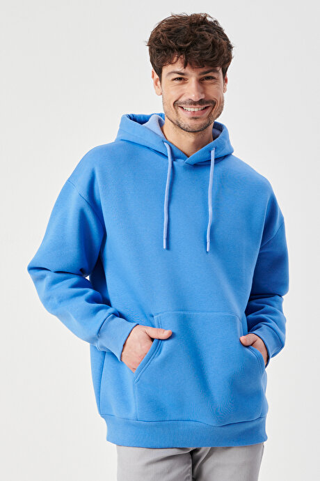 Oversize Bol Kesim Kapüşonlu İçi Şardonlu Koyu Mavi Sweatshirt resmi