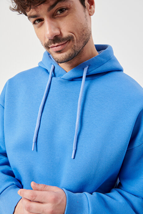 Oversize Fit Geniş Kesim Kapüşonlu İçi Şardonlu Koyu Mavi Sweatshirt resmi