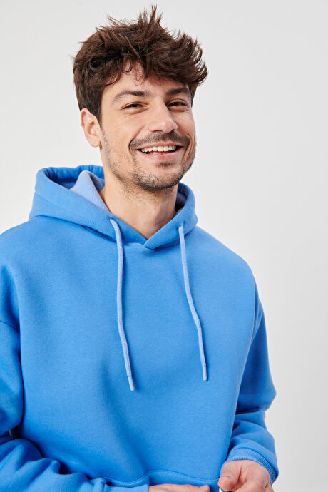 Oversize Bol Kesim Kapüşonlu İçi Şardonlu Koyu Mavi Sweatshirt resmi