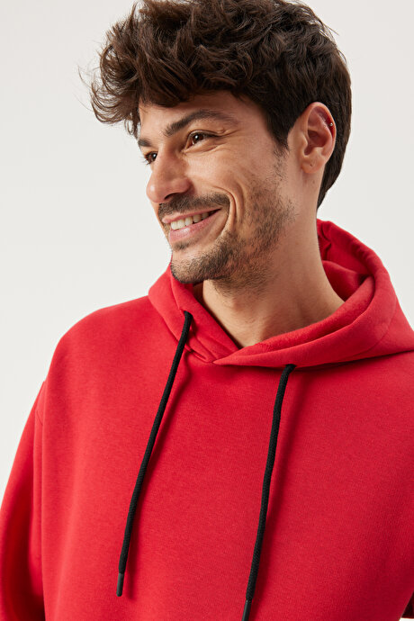 Oversize Fit Geniş Kesim Kapüşonlu İçi Şardonlu Kırmızı Sweatshirt resmi