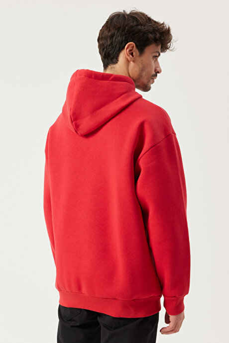 Oversize Fit Geniş Kesim Kapüşonlu İçi Şardonlu Kırmızı Sweatshirt resmi