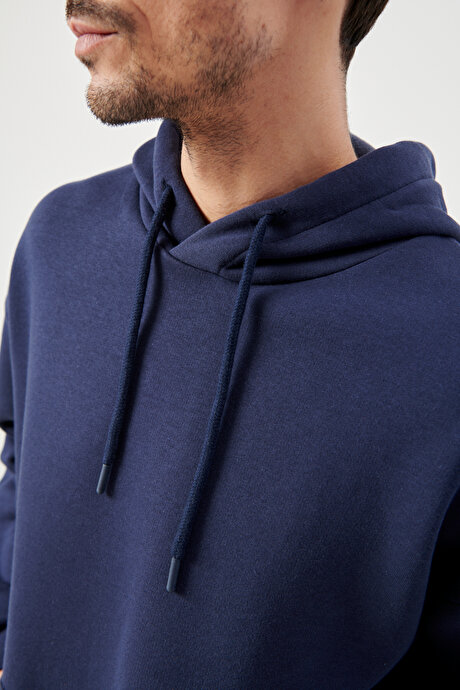 Oversize Fit Geniş Kesim Kapüşonlu İçi Şardonlu Lacivert Sweatshirt resmi