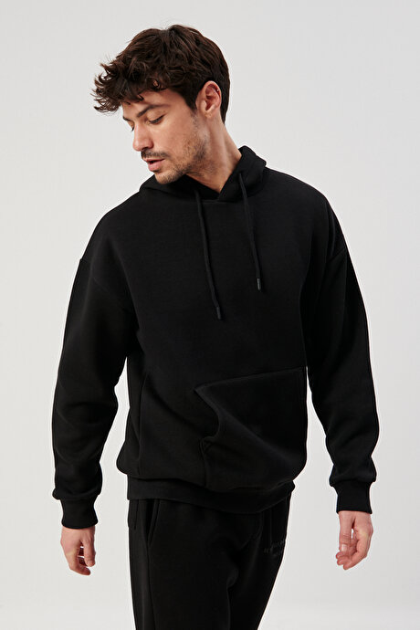 Oversize Fit Geniş Kesim Kapüşonlu İçi Şardonlu Siyah Sweatshirt resmi