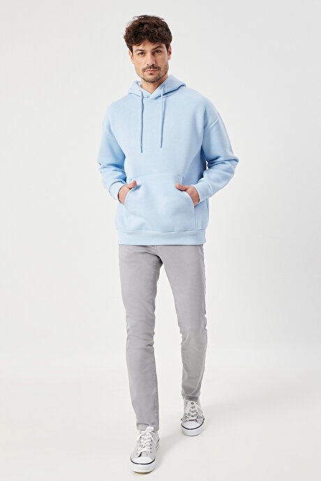Oversize Fit Geniş Kesim Kapüşonlu İçi Şardonlu Açık Mavi Sweatshirt resmi