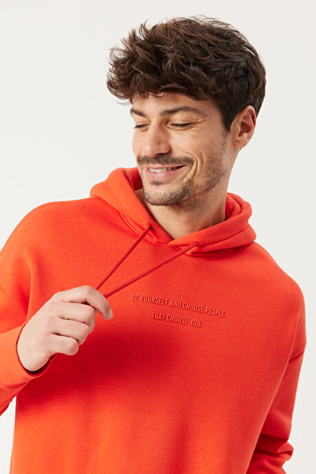Oversize Fit Geniş Kesim Kapüşonlu Pamuklu Baskılı Kırmızı Sweatshirt resmi