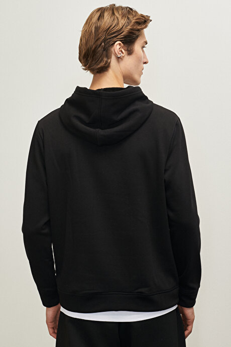 Standart Fit Normal Kesim İçi Şardonlu Kapüşonlu Siyah Sweatshirt resmi