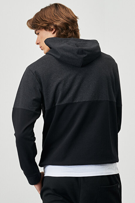 Recycle Slim Fit Dar Kesim Kapüşonlu Esnek Kumaş Colorblock Desenli Rahat Antrasit Melanj-Siyah Sweatshirt resmi