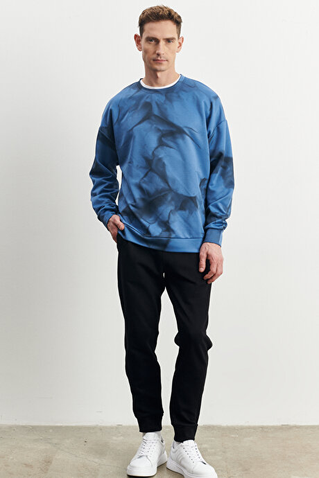 Oversize Bol Kesim Bisiklet Yaka Modern Desenli Yumuşak Dokulu İndigo Sweatshirt resmi
