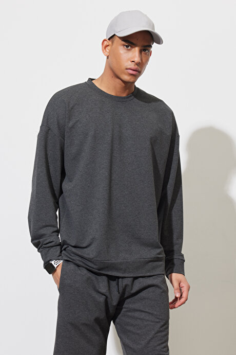 Oversize Bol Kesim Bisiklet Yaka Pamuklu Antrasit-Melanj Sweatshirt resmi