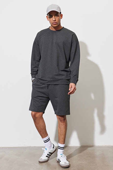 Oversize Bol Kesim Bisiklet Yaka Pamuklu Antrasit-Melanj Sweatshirt resmi