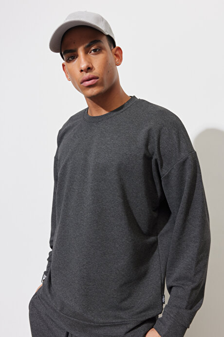 Oversize Bol Kesim Bisiklet Yaka Pamuklu Antrasit-Melanj Sweatshirt resmi
