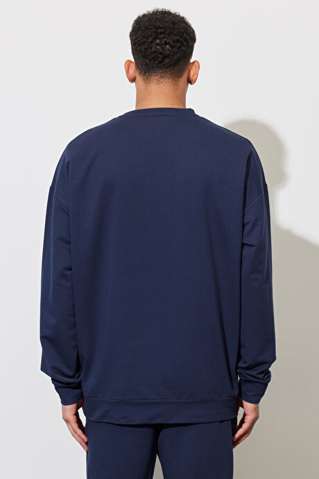 Oversize Bol Kesim Bisiklet Yaka Pamuklu Lacivert Sweatshirt resmi