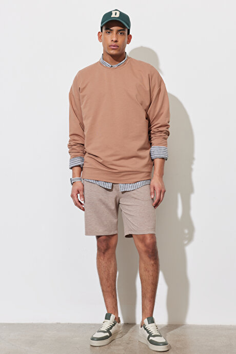 Oversize Bol Kesim Bisiklet Yaka Pamuklu Vizon Sweatshirt resmi