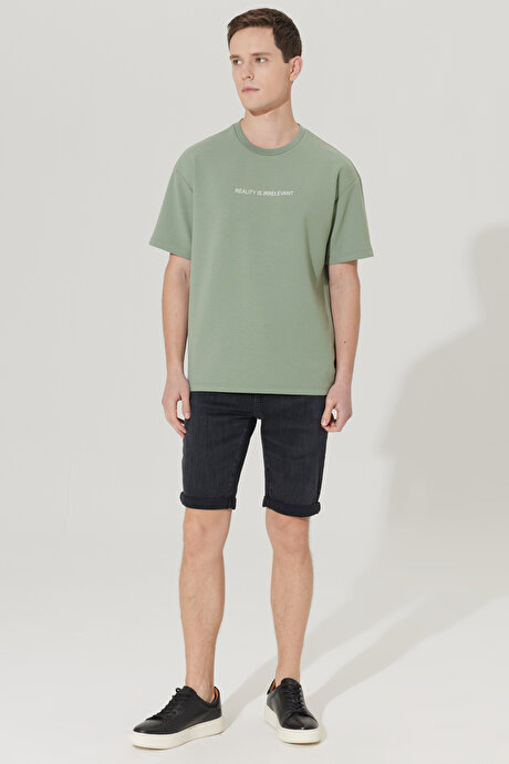 Boxy Fit Bisiklet Yaka Kısa Kollu Taş Yeşili Sweatshirt resmi