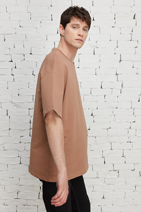 Oversize Bol Kesim Bisiklet Yaka Kısa Kollu Vizon Sweatshirt resmi