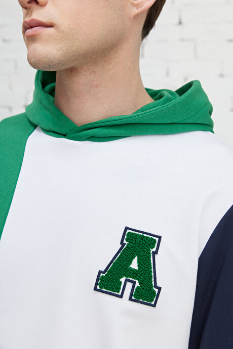 Standart Fit Normal Kesim Kapüşonlu Pamuklu Çizgili Beyaz-Yeşil Sweatshirt resmi