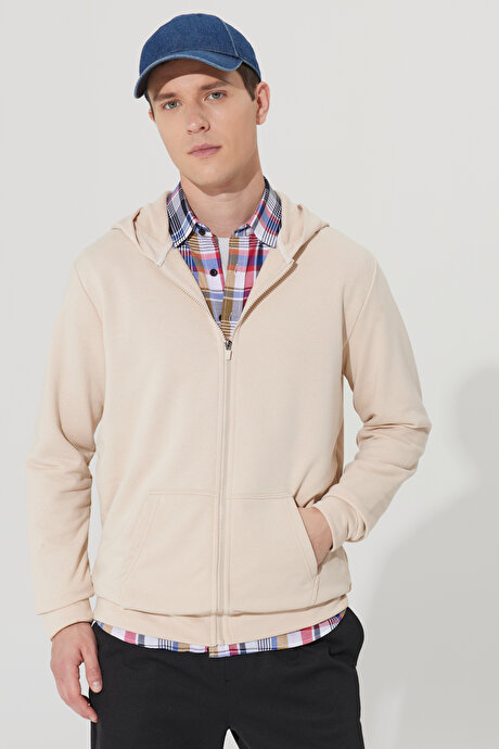 Standart Fit Normal Kesim Kapüşonlu Fermuarlı Bej Sweatshirt resmi