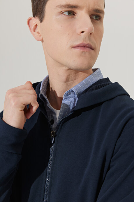 Standart Fit Normal Kesim Kapüşonlu Fermuarlı Lacivert Sweatshirt Ceket resmi