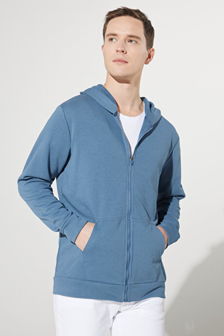 Standart Fit Normal Kesim Kapüşonlu Fermuarlı Mavi Sweatshirt Ceket resmi