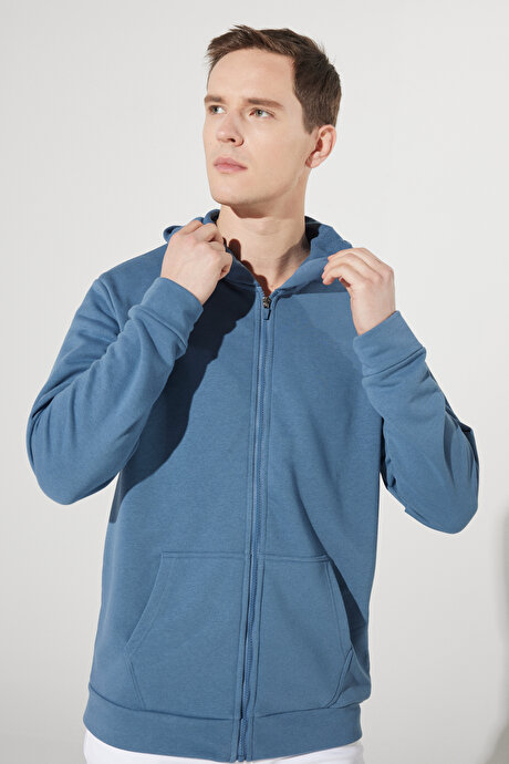 Standart Fit Normal Kesim Kapüşonlu Fermuarlı Mavi Sweatshirt Ceket resmi