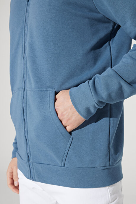 Standart Fit Normal Kesim Kapüşonlu Fermuarlı Mavi Sweatshirt resmi