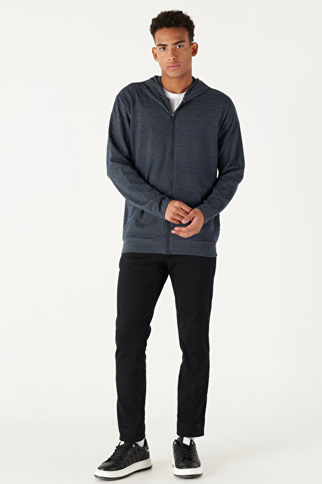 Standart Fit Normal Kesim Kapüşonlu Fermuarlı Lacivert-Gri Sweatshirt resmi
